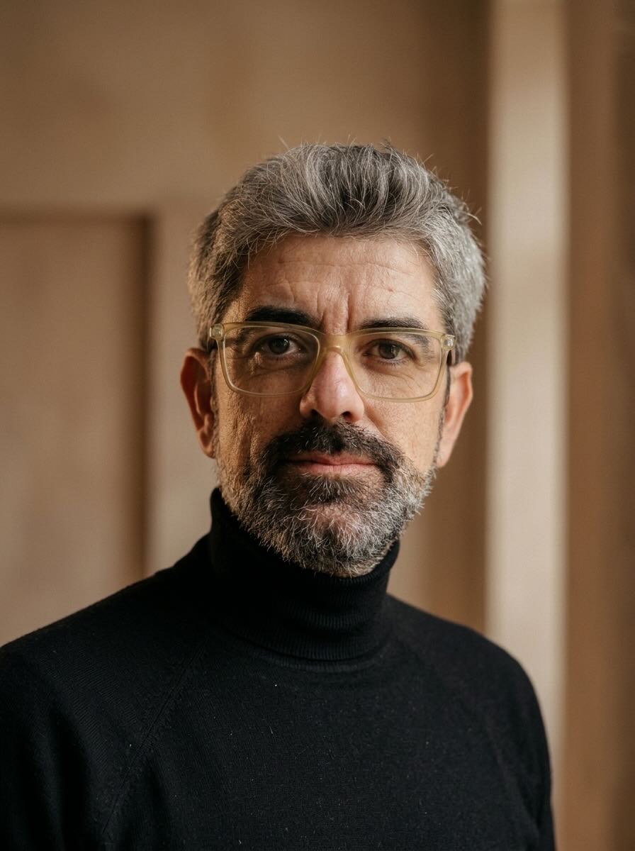 Retrato fotográfico de Ismael Bermúdez con gafas y jersey negro de cuello alto